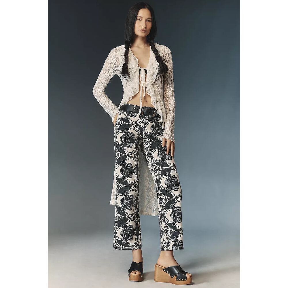 NWT MOTHER SUPERIOR The Mid Rise Rambler Zip Ankle Black Cream Curlycue